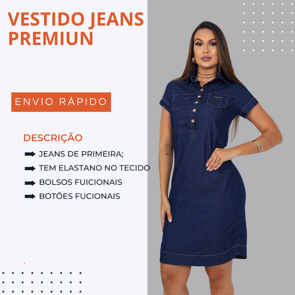 vestido feminino jeans soltinho tradicional, vestido feminino de gola e botões, vestido social