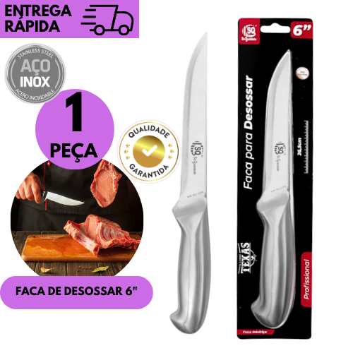 Faca Desossa 6" Aço Inox Profissional Afiada para Churrasco Corte de Carne e Frango