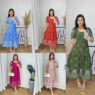 Vestido  feminino mídi  manga princesa com elastex na costas confortável tecido leve em Oferta na Shopee