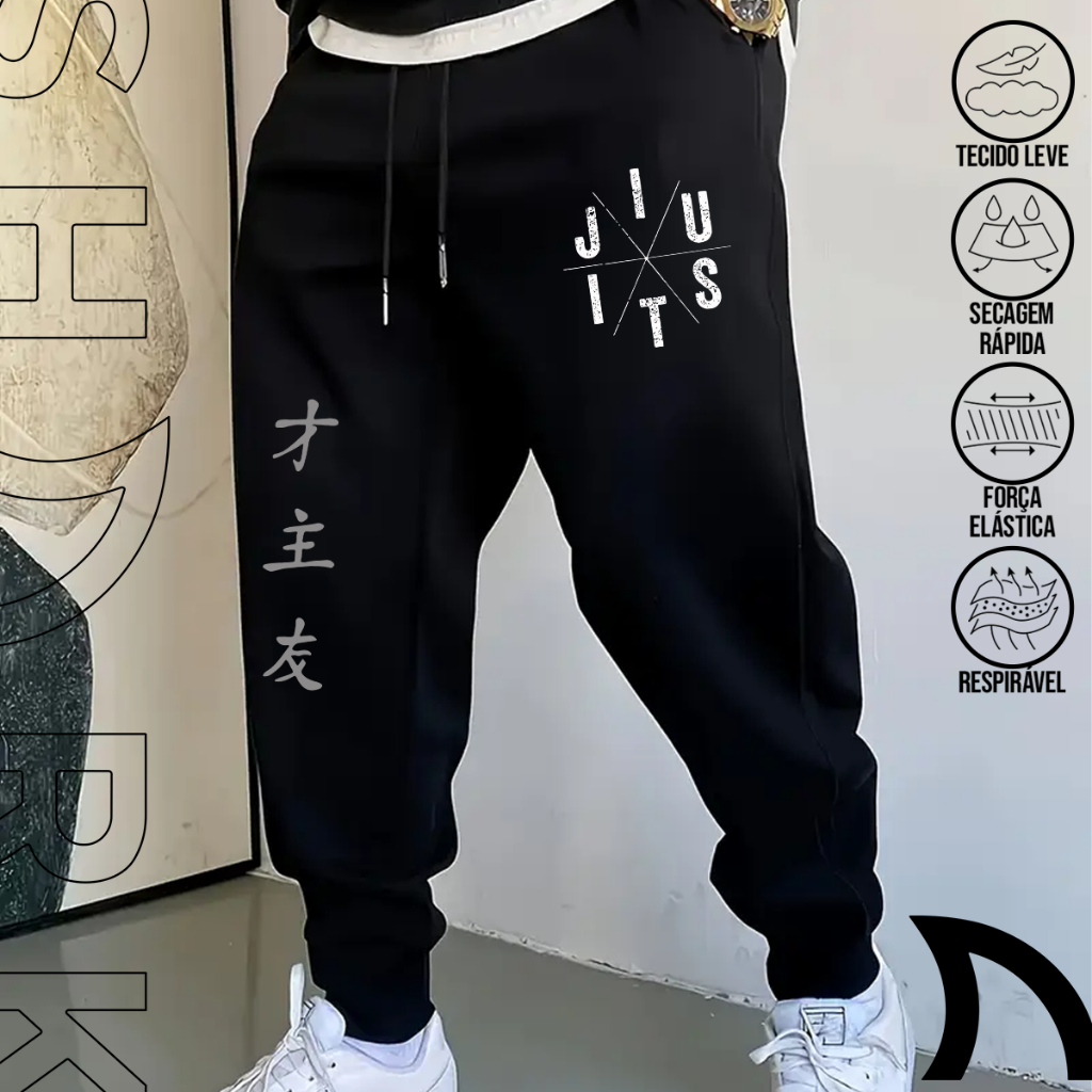 Calça Moletom Masculina Estilosa Jiu Jitsu Simbolo Artes Marciais Esportiva Moderna