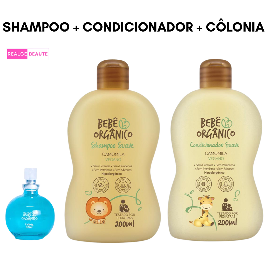 Kit Shampoo 200 ml + Condicionador 200ml + Colônia 30ml - Bebê Orgânico - Camomila Suave / Vegano