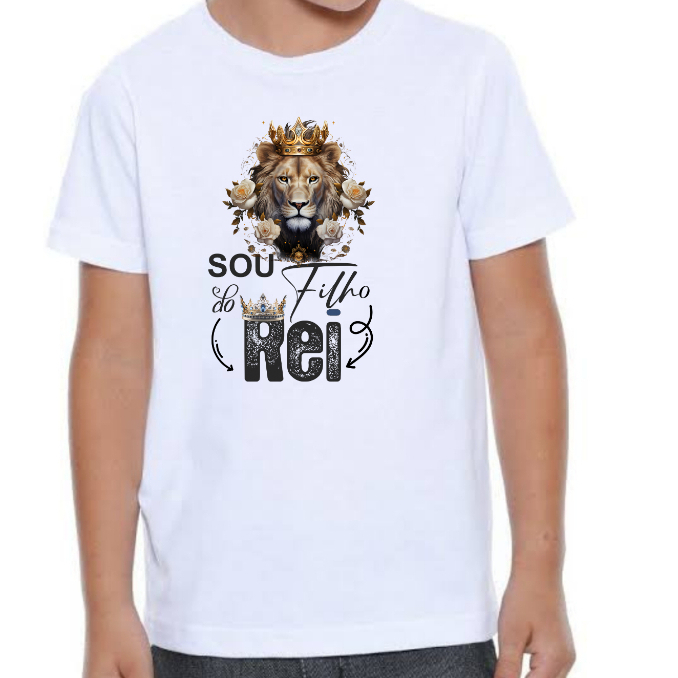 Camiseta Infantil Masculina Reloigiosa Estampa Leão Florido Sou Filho do Rei Camisa 100% Poliéster