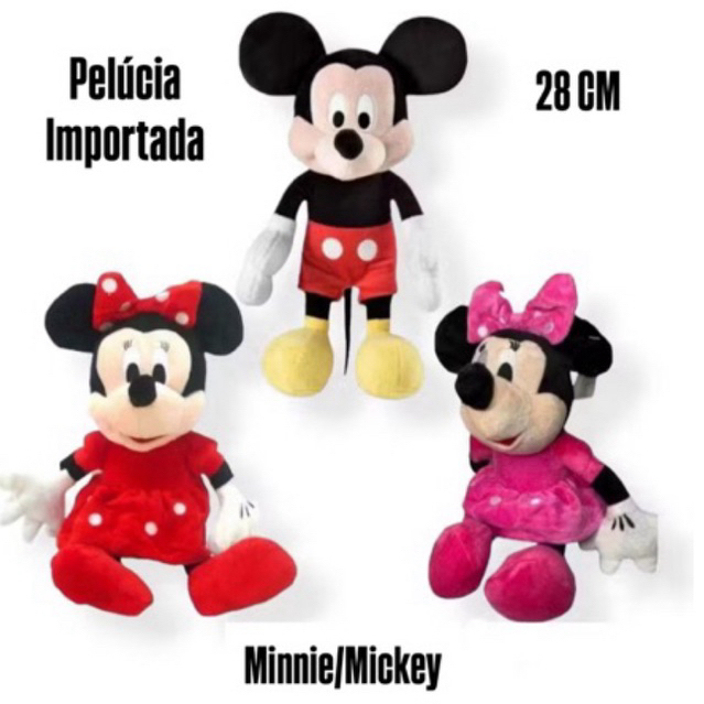 Coleção 3 Boneca De Pelúcia Mickey Minnie Musical Laço Rosa Vermelho Disney Infantil 28cm