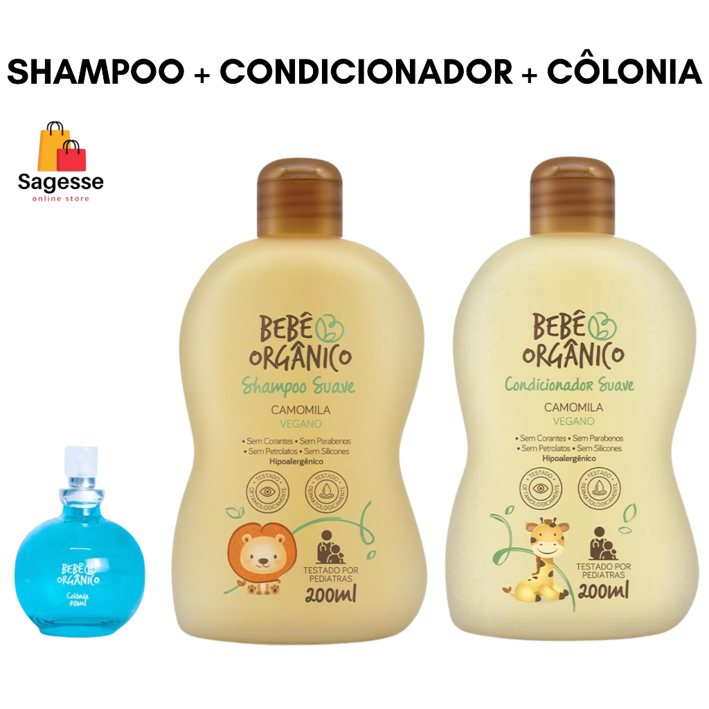 Kit Shampoo 200 ml + Condicionador 200ml + Colônia 30ml - Bebê Orgânico - Vegano / Camomila Suave
