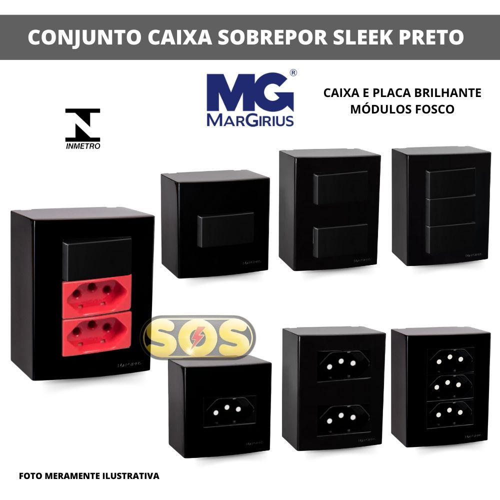CAIXA DE SOBREPOR SLEEK PRETA INTERRUPTOR SIMPLES, PARALELO, TOMADA 10A, 20A MARGIRIUS