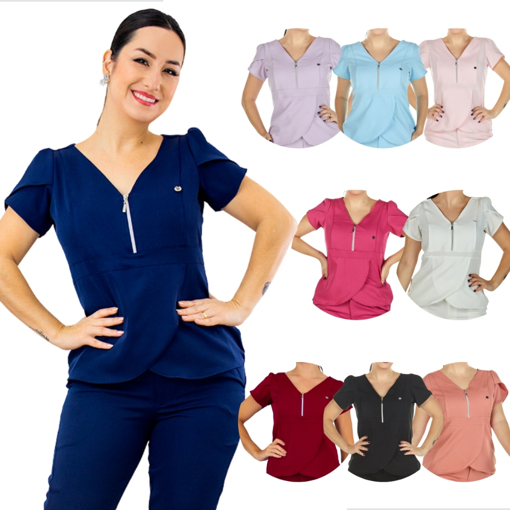 Blusa Alfaiataria Feminina Scrub Acinturada Manga Curta Decote V Casual Clínica Escritório Trabalho em Oferta na Shopee