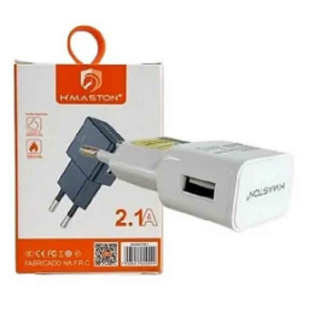 Carregador de Viagem 2.1A F001 – Saída 1 USB H'Maston, Carregador carga Rápida, Carregador fonte 2.1A com 01 entrada USB
