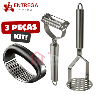 Kit 3 Peças Triturador de Alho Cortador de Legumes Descascador Amassador de Batata  Inox