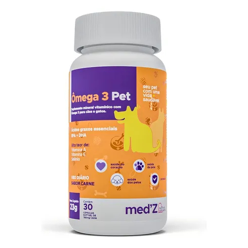 OMEGA 3 500 Suplemento Vitamínico Ômega 3 Cães E Gatos 30 CAPS MEDZ