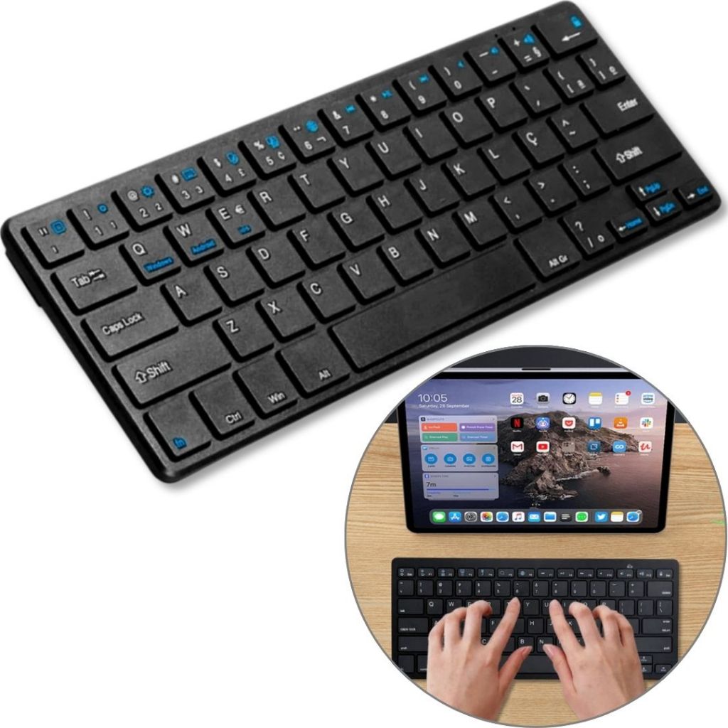 Teclado Sem Fio Bluetooth 3.0 Com Tecla Ç ABNT2 Preto Para Tablet Celular Note