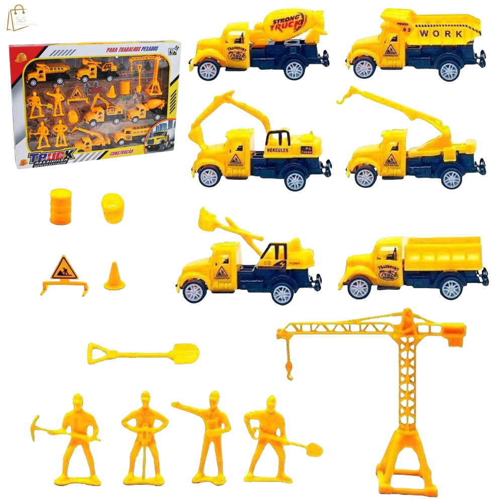 Kit Carrinho Caminhão de Brinquedo À Fricção Obra e Construção Com kit  Acessórios 16 Pçs Infantil