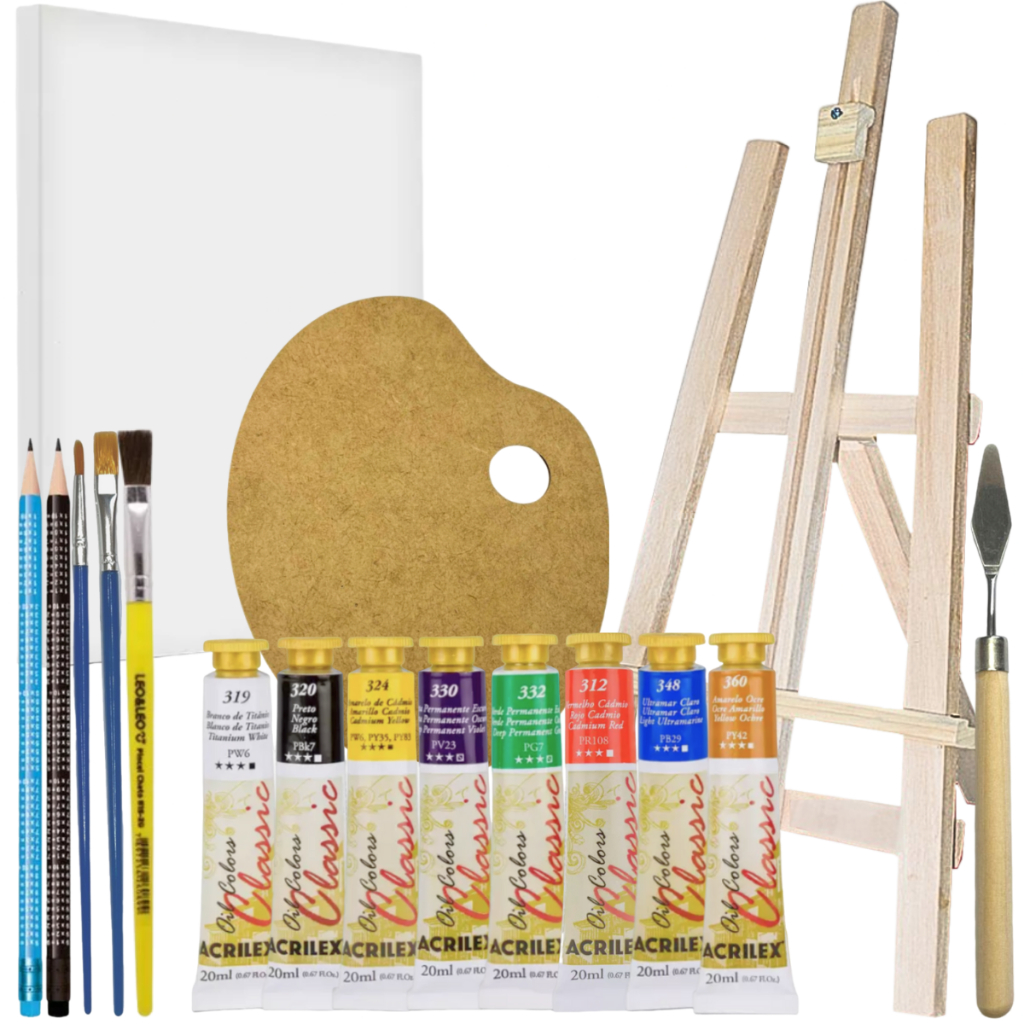 Kit Iniciante Pintura em Tela Tinta Oleo Cavalete Pincéis Espátula Paleta em Oferta na Shopee