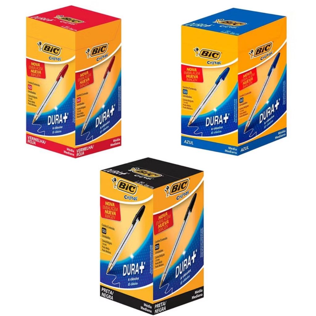 CANETA BIC CRISTAL 1.0 CX C/50 UND AZUL/preto/vermelho. em Oferta na Shopee