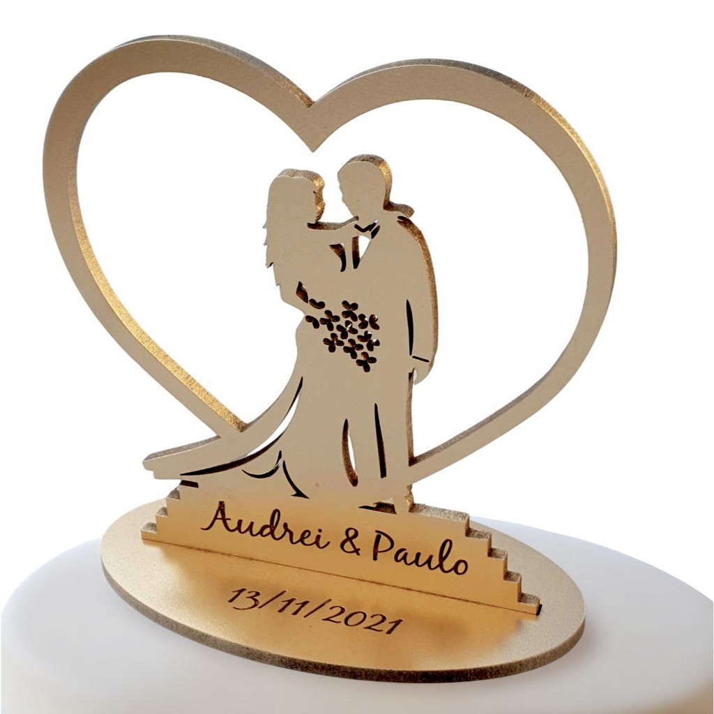 Topo de Bolo Dourado Casamento Personalizado Gravação Nome do Casal e Data em Oferta na Shopee