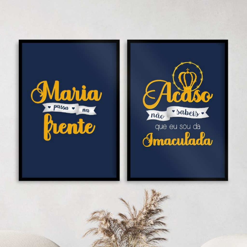 Kit 2 Quadros Decorativos, Quadros Religioso Maria Passa na Frente, Azul Escuro, Para Sala, Escritório, Igreja.