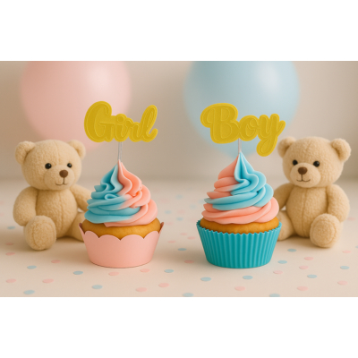🎀 Aplique Girl & Boy em Lamicote Dourado 🩷💙 Aplique Topper Chá Revelação – Girl e Boy 20 Unidades