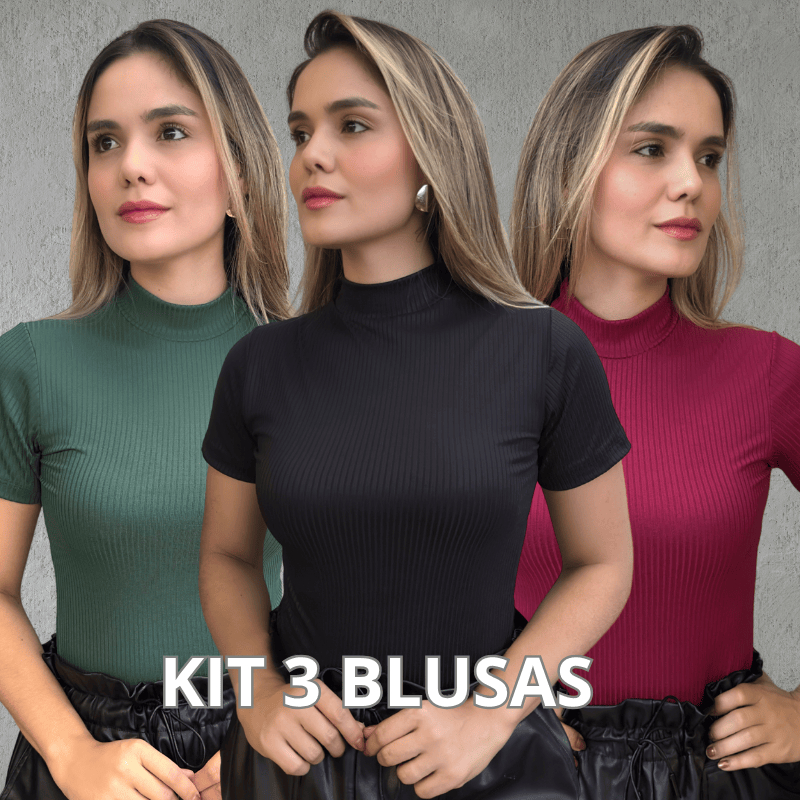 Kit 3 Blusa Canelada Feminina Gola Alta Manga Curta Canelado Premium