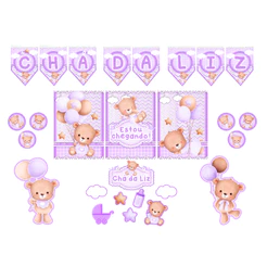 Kit Chá de bebê Ursinha Lilas, roxo, decoração Chá de bebê Ursinha Lilas, roxo