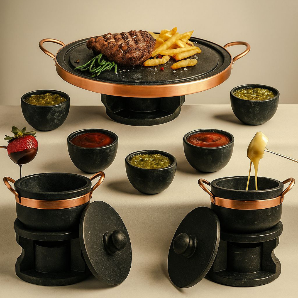 Chapa 27cm + 2 Fondues 500ml + 5 Cumbucas para molhos pedra