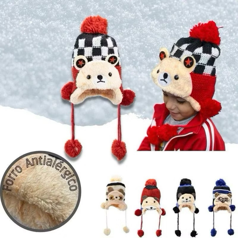 kit 2 Touca Infantil Gorro bichinho Menino e menina De Lã Forrada C/ Pelinho Pompom inverno