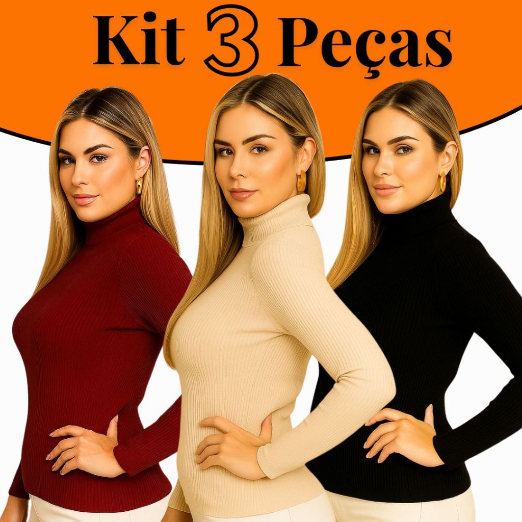 Kit 3 Blusas Canelada Feminina Casual Elegante Premium Manga Longa Gola Alta Luxo