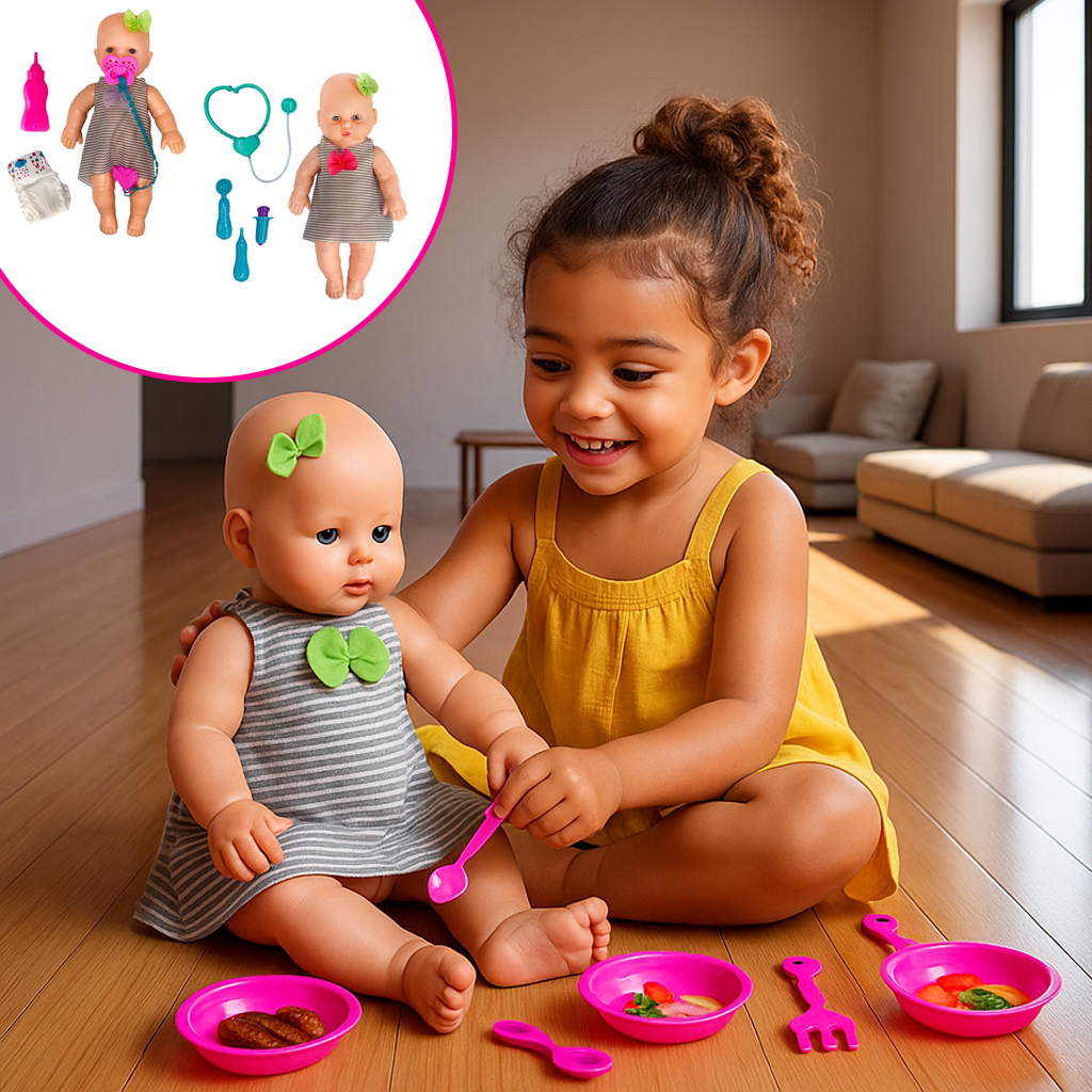 Boneca Babidu Papinha Xixi Dodói Bebê Brinquedo Menina Acessórios Neném Reborn Cozinha Fralda Médico Comidinha Comida