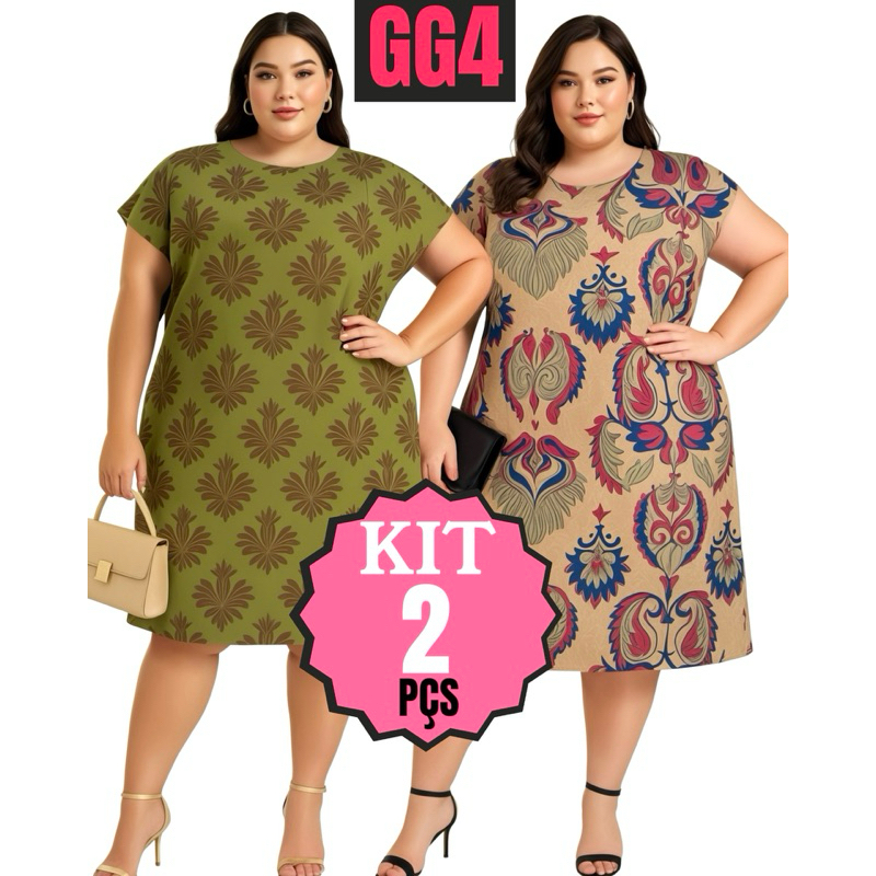 Kit 2 Vestidos Plus Size GG4 Estampado Elegante Vestido midi Estiloso Confortável Casual Moda evagélica tamanho grande