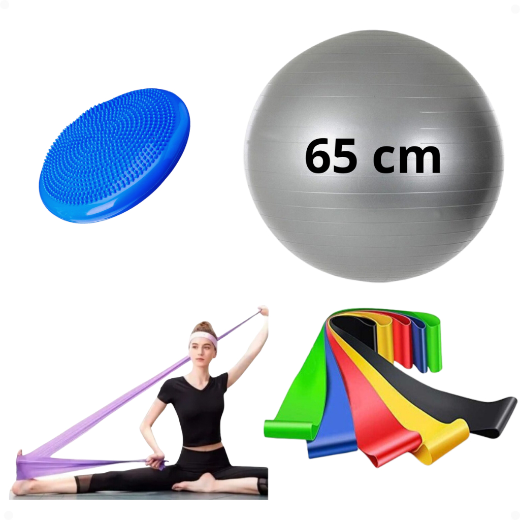 Kit Disco de Equilibrio + Bola de Pilates 65cm + Mini Band + Faixa Elástica Personal Fisio Balance