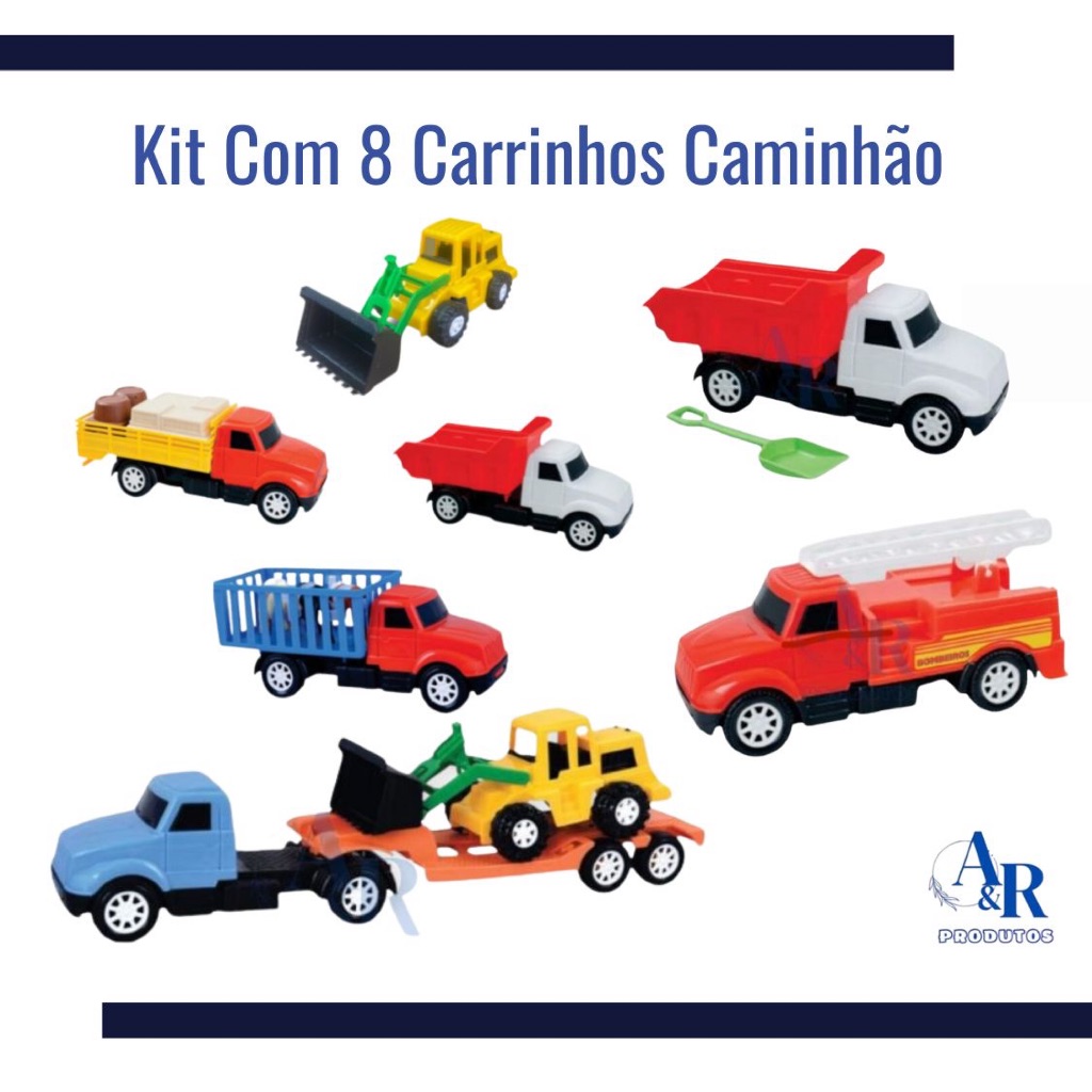 Kit Com 8 Carrinhos Caminhão Trator Cegonha Fazendinha Bombeiros Caminhãozinho Menino