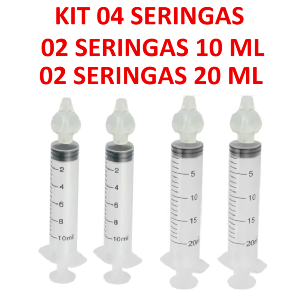 Kit 04 Seringas com Bico de silicone para Limpeza  Lavagem Nasal 02 seringas 10 ML e 02 seringas 20 ML Infantil e Adulto