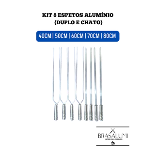 Kit 8 Espetos de Alumínio 45 cm (4 Duplo 4 Chato) Churrasqueira
