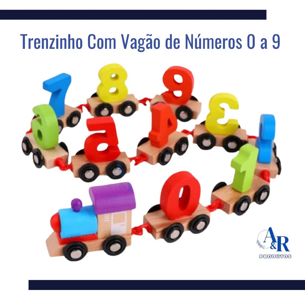 Trenzinho Com Vagão de Números 0 a 9 em Madeira Brinquedo Pedagógico Educativo