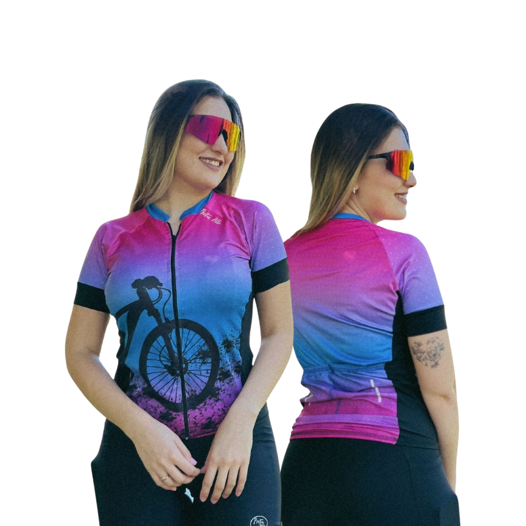 Camisa Ciclismo Feminina PP ao Plus Size Manga Curta Desenho Bike Cor Degradê Azul e Rosa #13