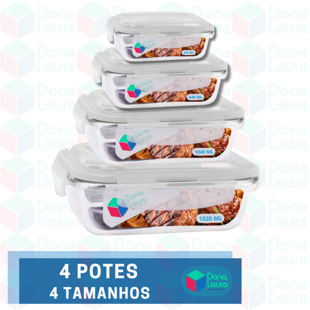 4 Potes Vidro Hermetico Fit 4 Tamanhos Retangular Mantimento