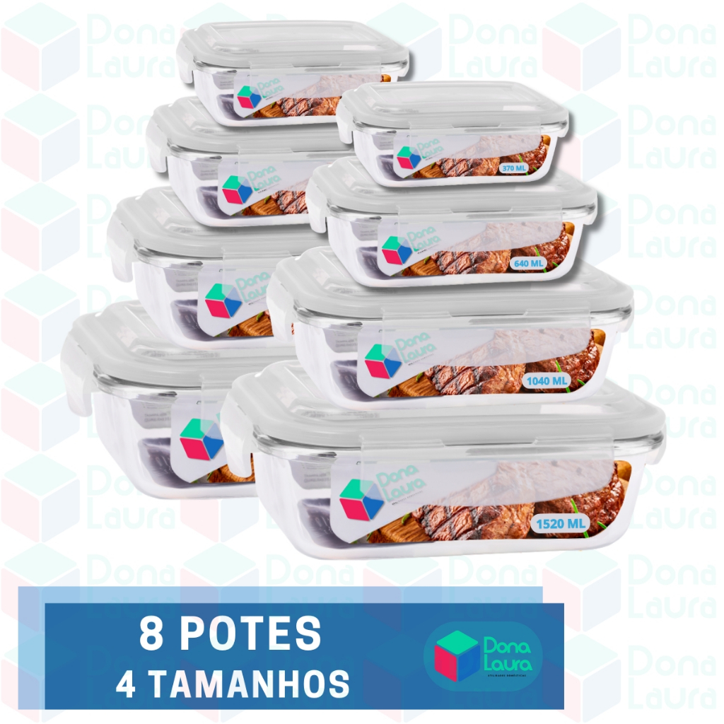 8 Potes Vidro Hermetico Fit 4 Tamanhos Retangular Mantimento