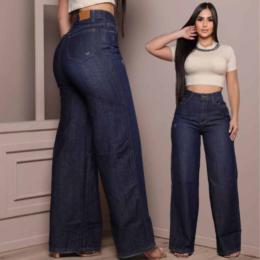 Calça Jeans Feminina Wide Leg Escura Cintura Alta Pantalona Casual Premium Sem Elastano 100% Algodão em Oferta na Shopee