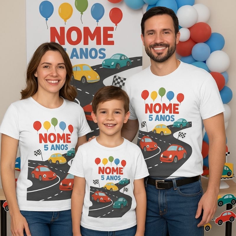 Kit 3 Camiseta Festa Infantil Tema Carros Corrida Personalizada Nome Idade – Algodão Premium Pai Mãe Filho Blusa