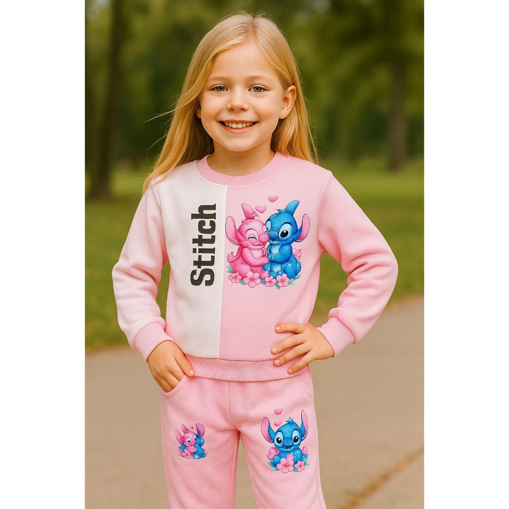 Kit Conjunto Infantil Stitch Blusa + Calça Moletom Personagem Filme Roupa De Frio Menina Blogueirinha 4 A 10 Anos Angel