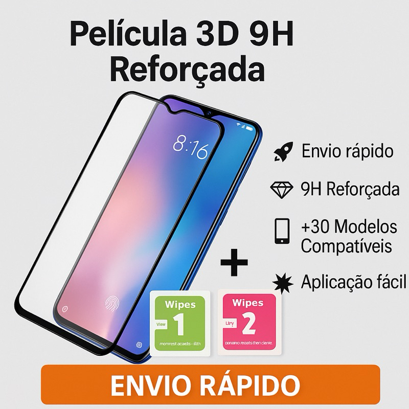 Película de Vidro 9H 3D Grossa Samsung Galaxy – A03 A10 A12 A13 A14 A15 A16 A20 A22 A32 A35 A55 (+ Modelos)