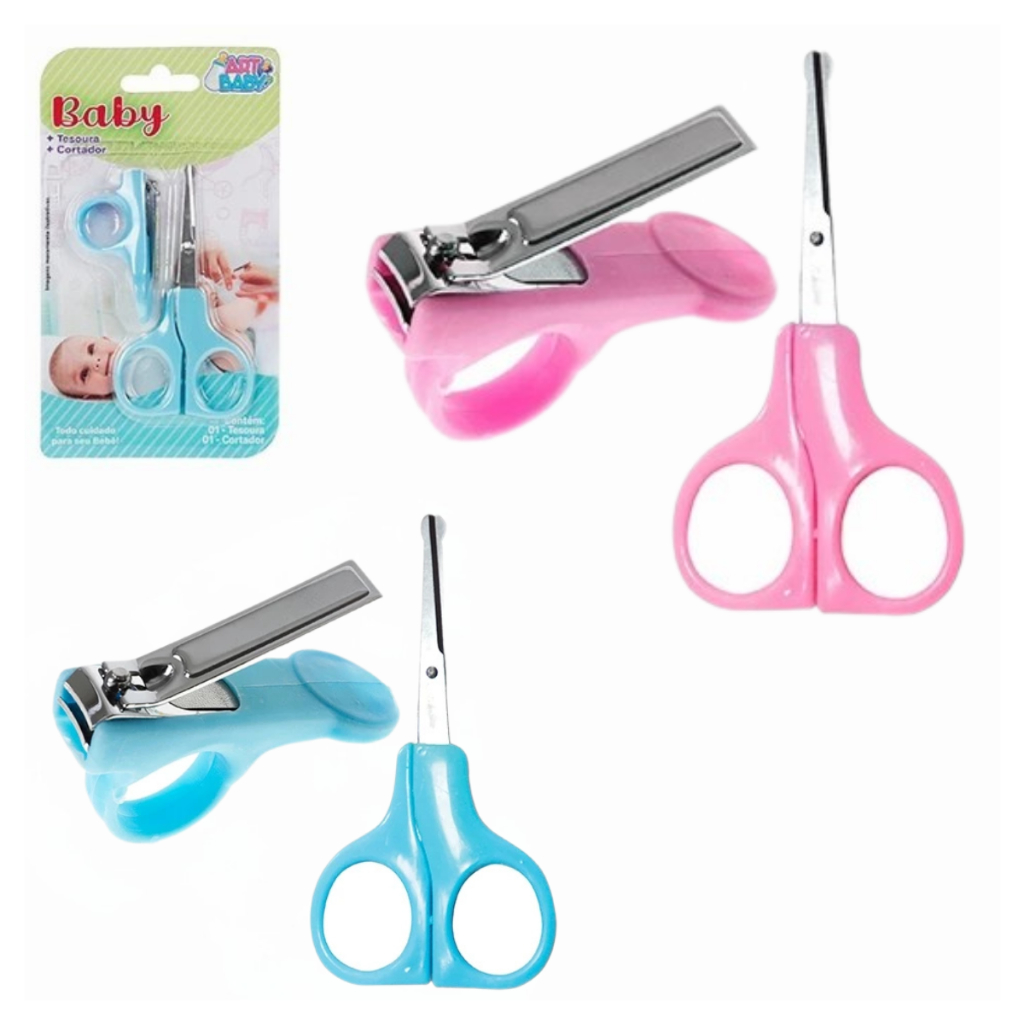 Kit Cortador e tesoura de Unha Bebe Baby Cuidados Manicure e Higiene Tesoura Cortador Rosa e Azul