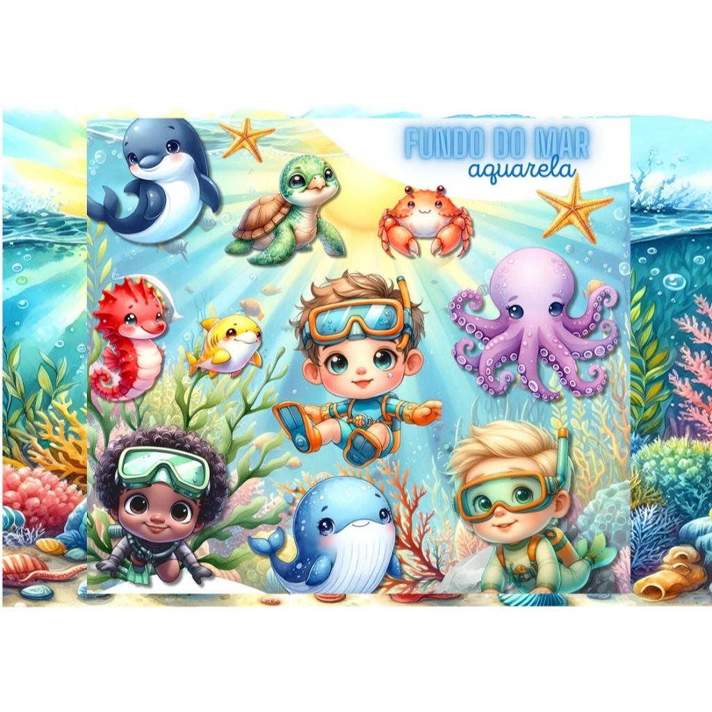 Kit Festa Fundo do Mar Azul Aplique para Centro de Mesa, Tubete, Topper de Docinho, Porta Bis