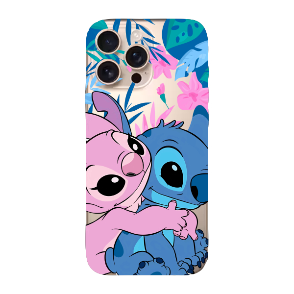 Capinha para iPhone 16 Pro Max Anti Impacto Personalizada - Stiti Stich e Angel Abraço com fundo transparente