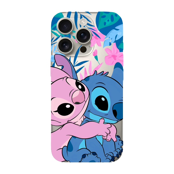 Capinha para iPhone 16 Pro Anti Impacto Personalizada - Stiti Stich e Angel Abraço com fundo transparente