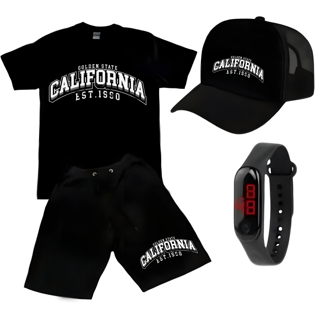 Kit Conjunto Infantil Meninos Estampado Camiseta Short Boné Relogio