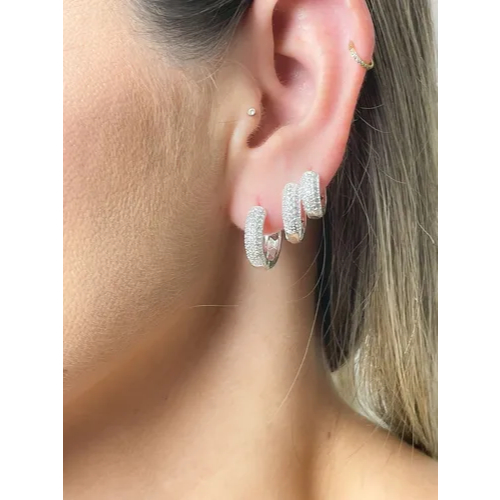 Trio de Argolinhas Grossas Cravejadas Zircônias Brinco Feminino Prata 925 Garantia