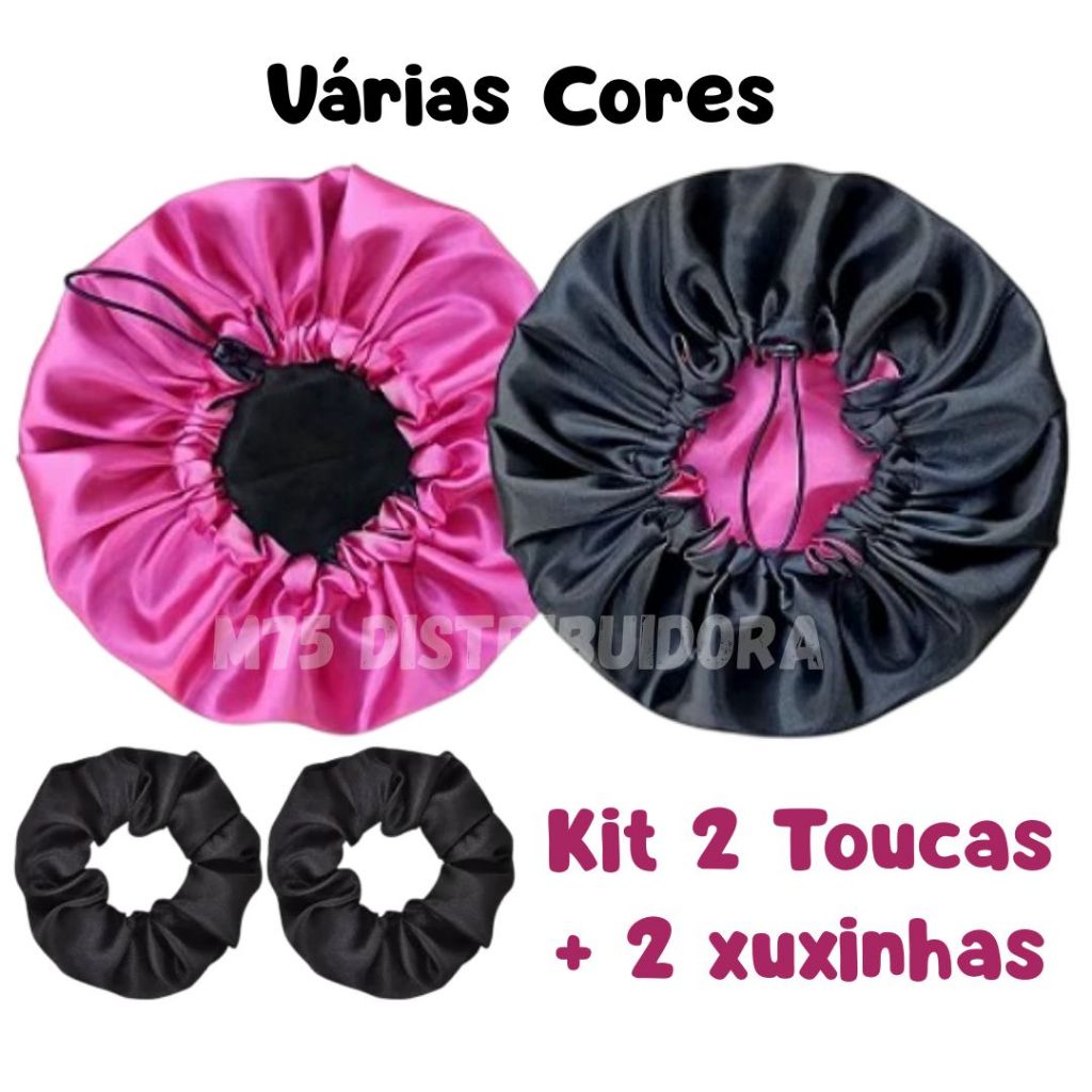 Kit 2 Touca de Cetim Dupla Face com Regulador + 2 Xuxinhas de Cabelo em Oferta na Shopee