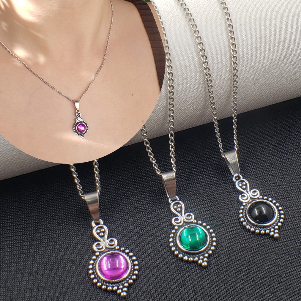 Colar aço inoxidável feminino pingente Mandalinha com pedra Varias Cores Prateado Colar Feminino Bali