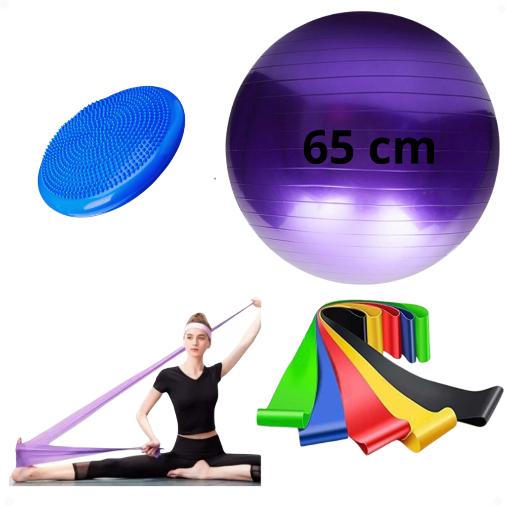 Bola Suiça Pilates Fisio 65cm + Faixa Elástica + 5 Mini Band + Disco de Equilibrio Thera Funcional