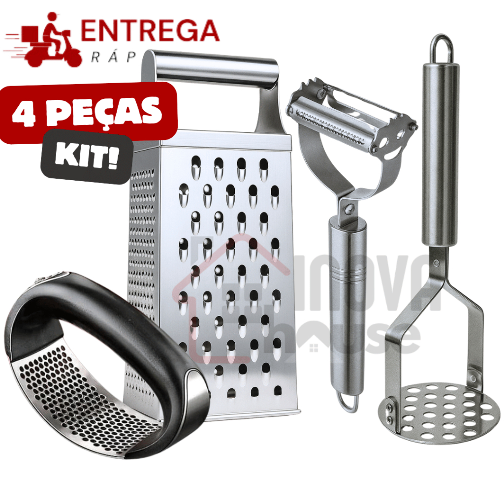 Kit 4 Utensílios para Cozinha Inox Triturador de Alho Descascador Legumes Amassador Batata...