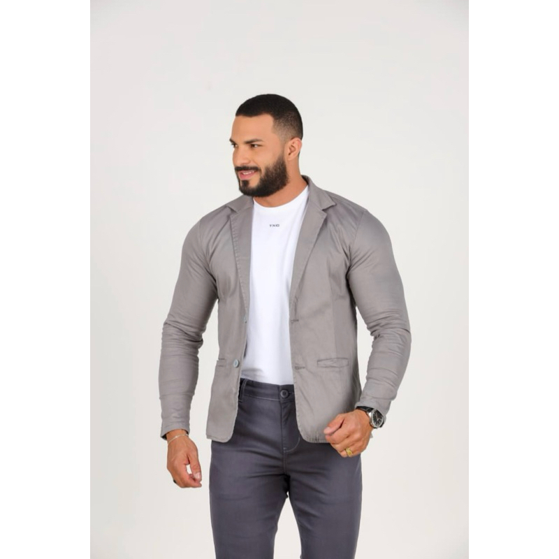 BLAZER CINZA CLARO MASCULINO SLIM FIT SARJA ACETINADA